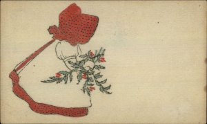 Handmade? Little Girl in Bonnet w/ Holly - Christmas? c1905 Postcard