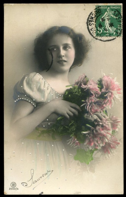 Vintage French postcard. Girl with Japanese mums. Hand tinted real photo