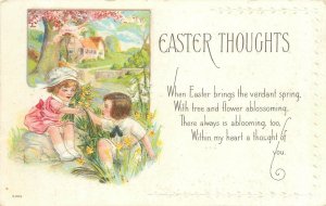 Easter Postcard, Boy & Girl Picking Daffodils Embossed Easter Thoughts Poem