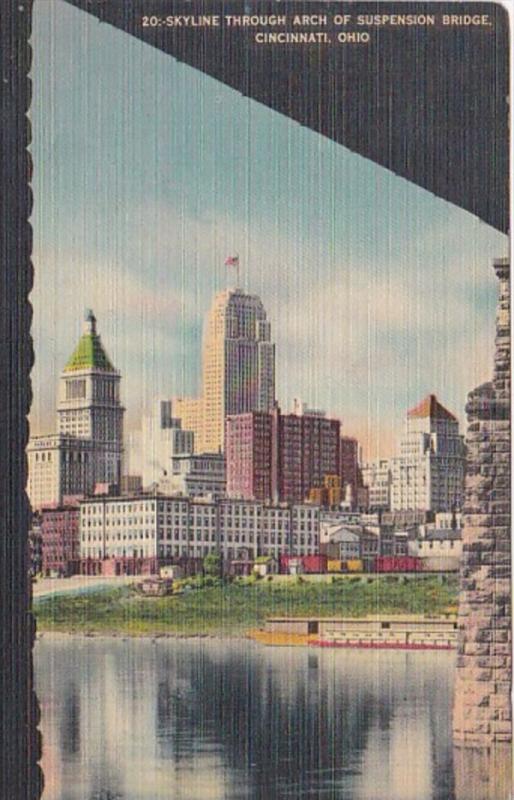 Ohio Cincinnati Skyline Through Arch Of Suspension Bridge 1950