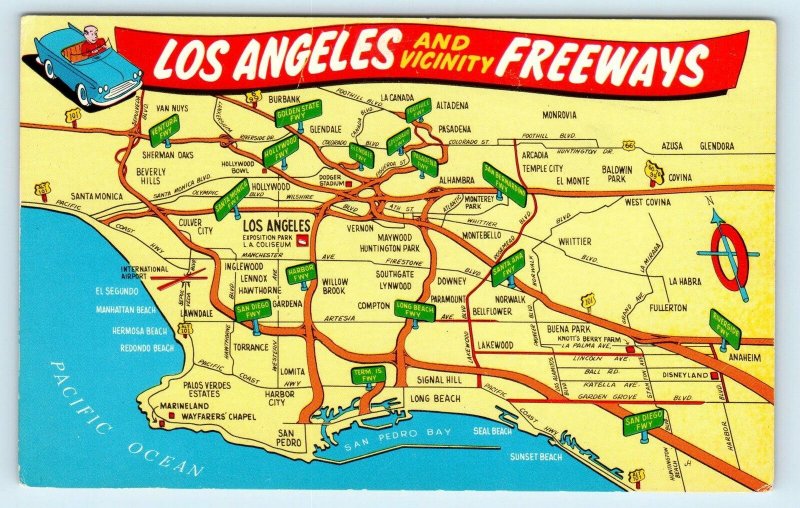 LOS ANGELES, CA California ~ LA & Vicinity  FREEWAY MAP  c1950s Postcard