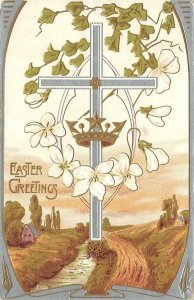 EASTER Greetings  CROSS~FLOWERS & CROWN Cabin~River~Lane 1910 Embossed Postcard