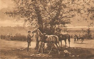 Horses. Preparinfg for the race Old vintage French,  photo postcard