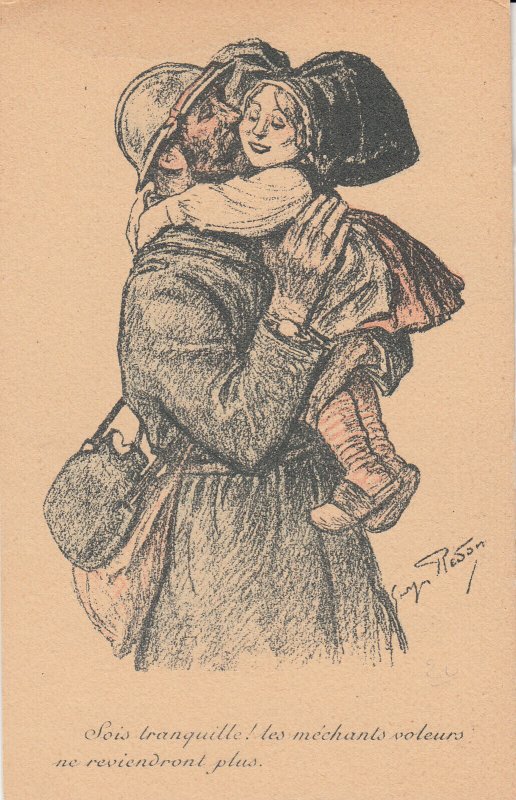 France patriotic drawn soldier kiss Alsacian girl artist postcard