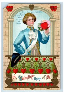 1910 Valentine Colonial At The Window With Heart And Flowers Embossed Postcard