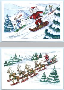 2 Postcards SANTA CLAUS Snowboarding & Reindeer Rescue MARJETT SHILLE 4x6-1994