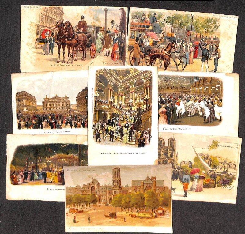 Lot of 8 antique litho postcards France old Paris 1900s