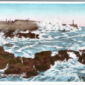 c1920s Porthcawl, Wales Rough Sea Lighthouse Seawall Rocks Waves Splash A360