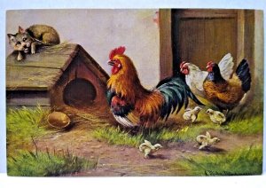 Roosters Chickens Dog On Doghouse Postcard Signed Muller Germany Series 216 