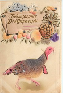 Embossed Bas Relief Postcard Thanksgiving Turkey With Glitter and Pneapple