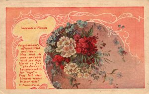 Vintage Postcard Language Of Flowers Forget Me Not Bouquet Red White Blue Petals