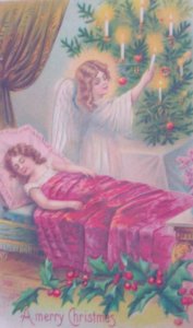 1907 Angel Fantasy Tree Candles Holly Antique Vintage Christmas Postcard Germany