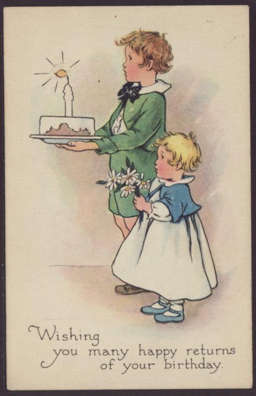 Birthday,Boy Carrying Cake,Girl Holding Flowers