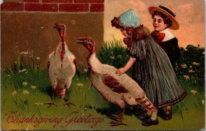 Thanksgiving Postcard Children Petting a Turkey