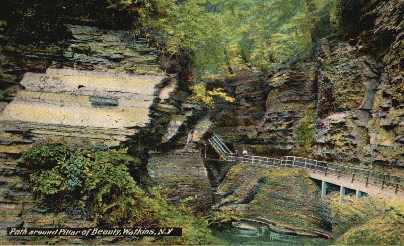 Vintage Postcard Path Around Pillar of Beauty Watkins Glen New York Finger Lakes