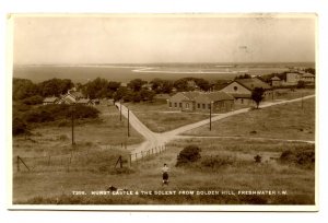 UK - Isle of Wight, Freshwater. Hurst Castle & The Solent from Golden Hill RPPC