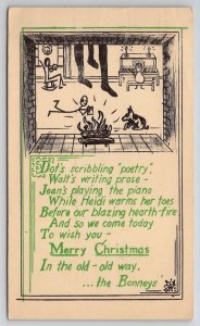 Christmas Greetings Darling Stick Figure People Fireplace Dog Piano Postcard M27