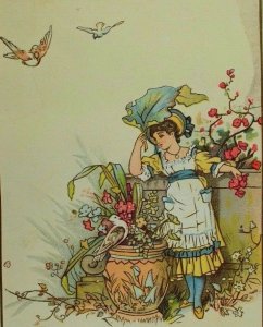 1870's-80's Victorian Trade Card Garden Lovely Young Girl Birds Flowers P53