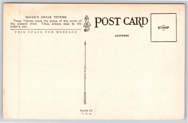 Native Americana~Wrangell Alaska~Shakes Grave Totems From Below~Vintage Postcard