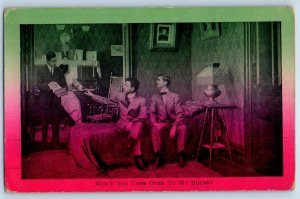 c1910's Men Won't You Come Over To My House Woman Playing Piano Antique Postcard