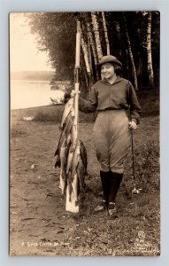 RPPC Woman Catch Pike Fishing Wausau WI Wisconsin J H Colby Real Photo Postcard