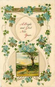 Greetings Card, New Year, Bright and Glad, Blue Flowers, Country Scene, Embossed