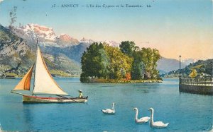 Switzerland navigation & sailing topic postcard Annecy swans sailing vessel