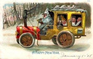 A Happy New Year - Elves with Bundles in Open Air Truck - Embossed - 1908