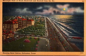 Texas Galveston Moonlight View Of Beach and Seawall From The Air