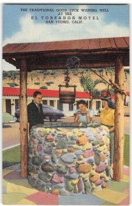 EL TOREADOR MOTEL San Ysidro, CA Wishing Well Roadside 1940s Vintage Postcard
