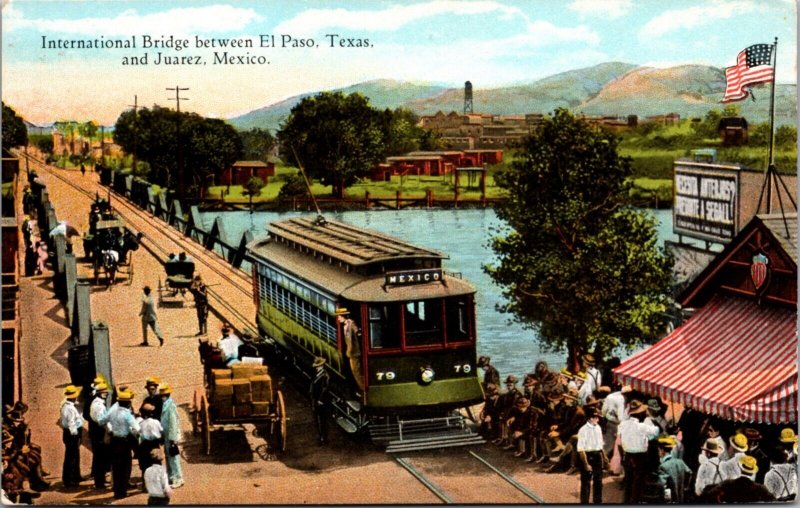 Postcard International Bridge between El Paso, Texas and Juarez, Mexico Trolley