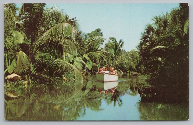 Boca Raton Florida~Electric Boat On Waterway of Tropical Garden~Vintage Postcard 