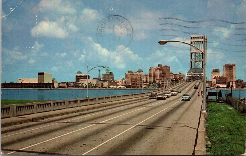 Main St Bridge St Johns River Skyline Jacksonville FL Florida Postcard PM Cancel 