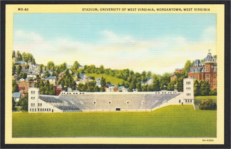 Morgantown WV Mountaineer Field UWV Football Stadium Linen Postcard 1940s