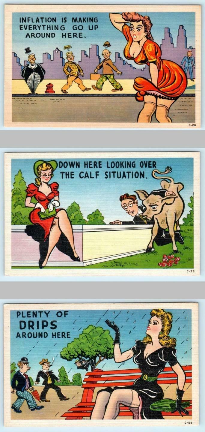 3 Postcards Sexy Glamor Women Risque Comics Ca 1940s Linen Postcards Topics Cartoons