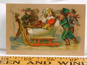 Christmas Victorian Trade Card Children Pushing Girl In Big Sleigh F37