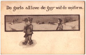 sour grapes postcard: De Gurls All Love de Guy Wit de Uniform