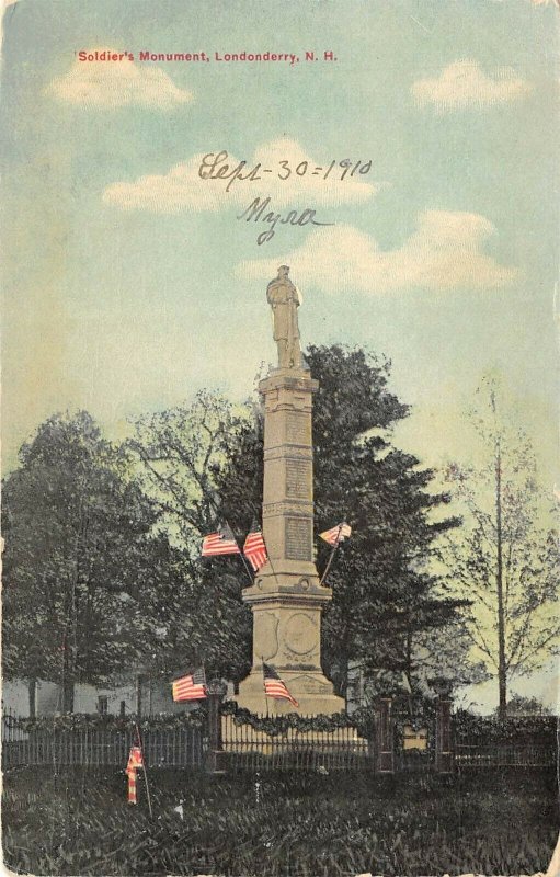 Londonderry New Hampshire 1910 Postcard Civil War Soldier's Monument Flags