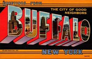 New York Buffalo Greetings From Large Letter Linen Curteich