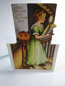 Victorian Halloween Postcard Whitney Die-Cut Standup Women On Staircase Unused