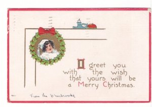 A Merry Christmas Greeting, Girl In Wreath, Antique 1913 S. Bergman Postcard