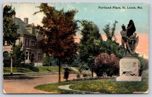 St Louis Missouri~Portland Place St View~Statue~Romanesque Bldg~1911 Postcard