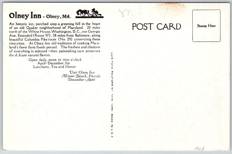 Olney Maryland 1950s Postcard Olney Inn