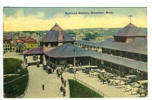 Brockton MA Railroad Station Train Depot Horse & Wagons Postcard