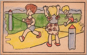 Running Kids Drawing Vintage Postcard C187