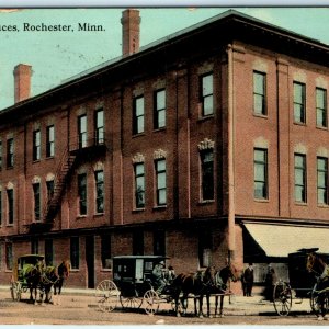 1912 Rochester, MN May Offices Postcard Downtown Many Horse Carriages Street A47