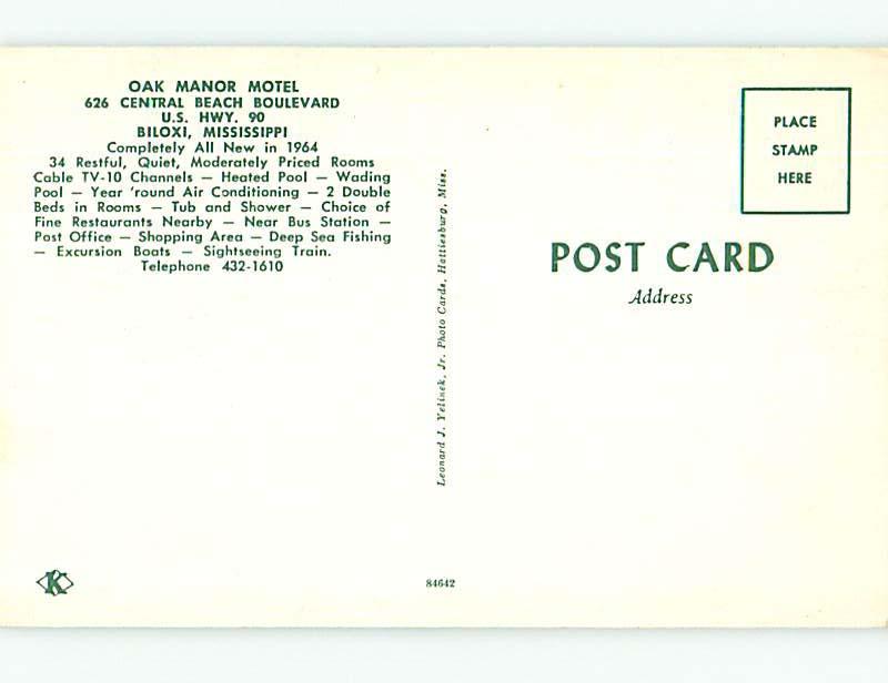 Unused Pre-1980 POOL & OLD CARS & OAK MANOR MOTEL Biloxi Mississippi MS u5252@