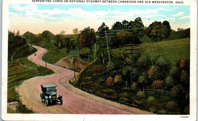 1920s Serpentine Curve Between Cambridge and Old Washington OH Postcard