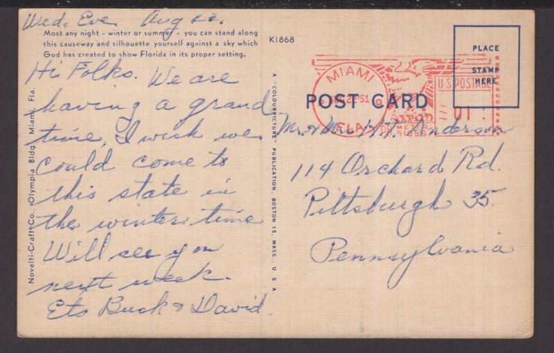 Florida Miami, Silhouettes at Sunset pm1951 ~ Linen