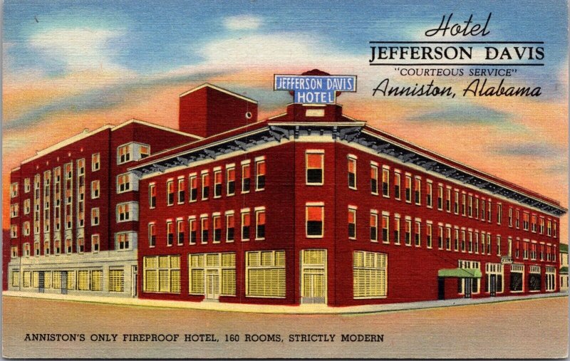 Linen Postcard Hotel Jefferson Davis in Anniston, Alabama